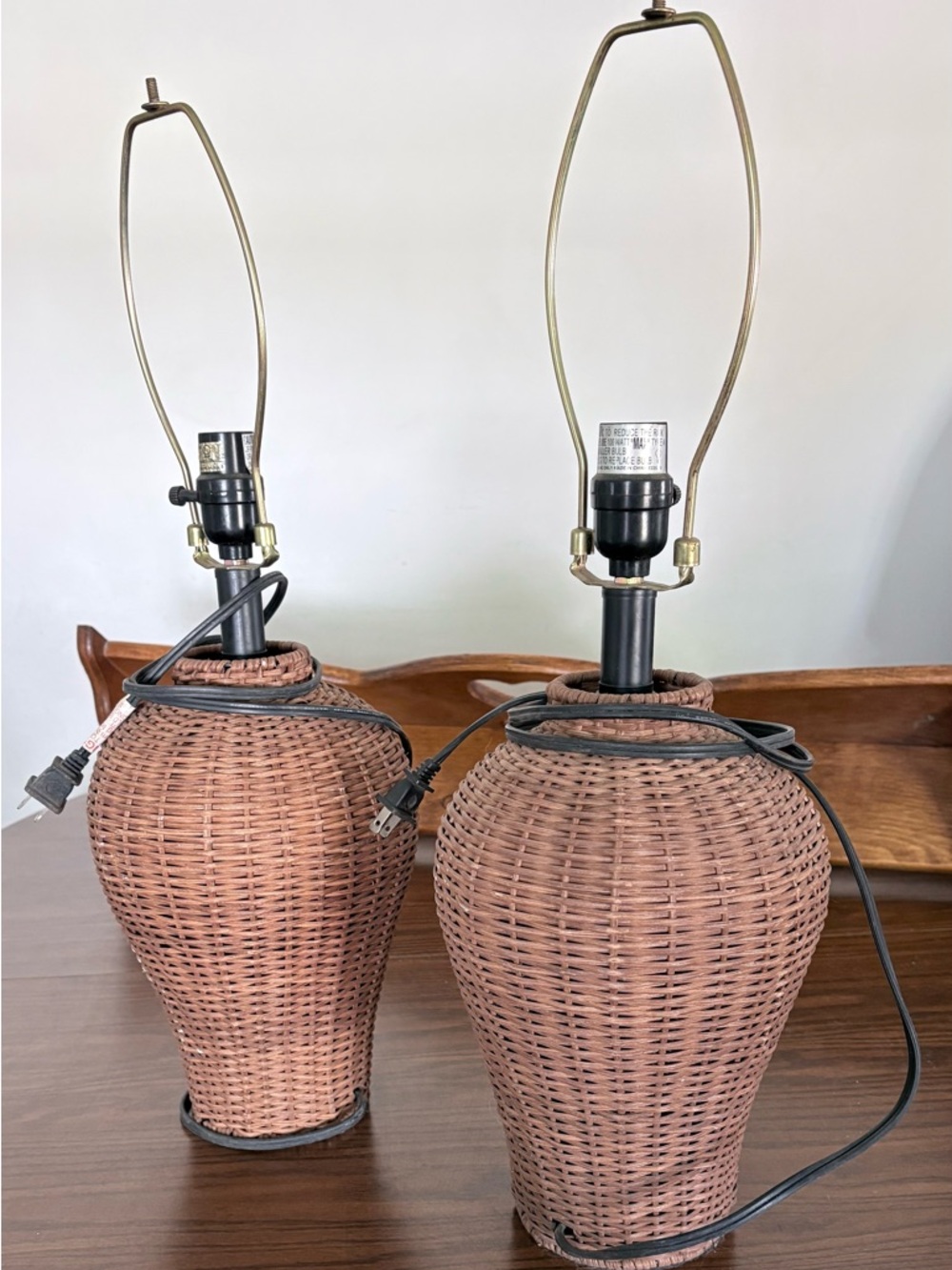 Woven Rattan Table Lamp Pair - Brown
